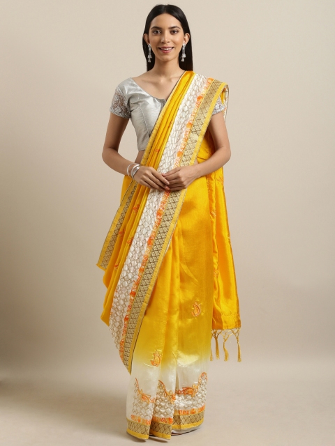

PACHE Yellow & White Embroidered Pure Silk Saree