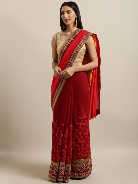 

PACHE Red Embroidered Art Silk Saree