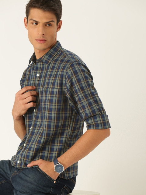

Allen Solly Men Navy Blue & Beige Sport Slim Fit Checked Casual Shirt