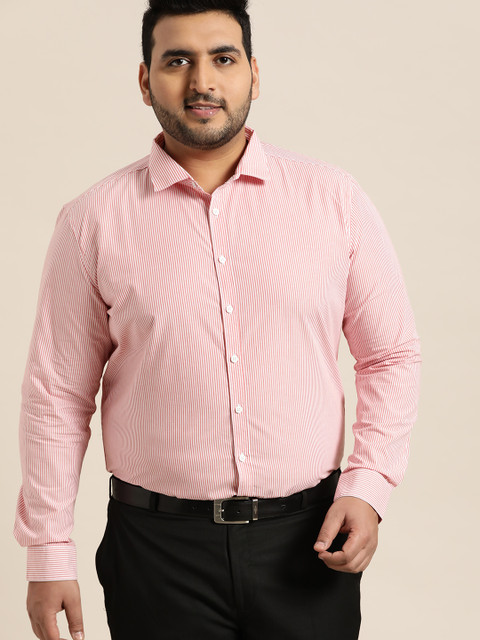 

Sztori Plus Size Men Red White Regular Fit Striped Formal Shirt