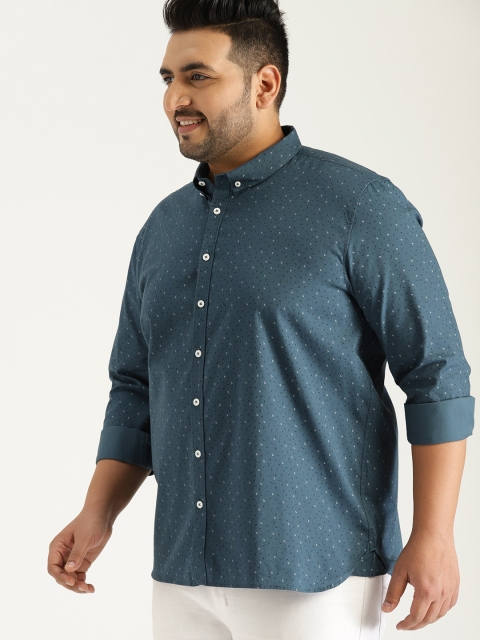 

Sztori Plus Size Men Teal Blue White Regular Fit Printed Casual Shirt