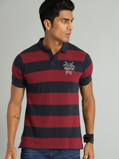 Men Navy Blue Maroon Striped Polo Collar Pure Cotton T-shirt