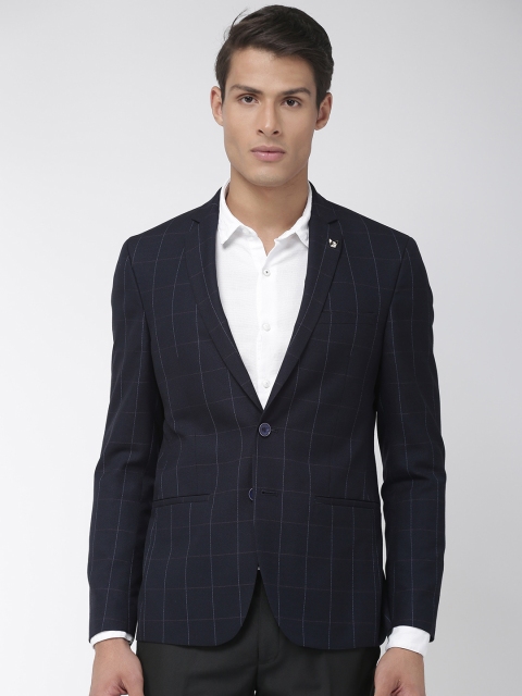 

Park Avenue Men Navy Blue Self Checked Neo Regular Fit Single-Breasted Formal Blazer