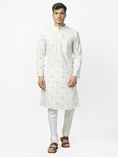 

Fabindia Men Off-White & Blue Woven Design Straight Kurta