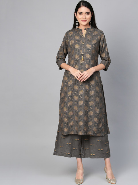 

Shree Women Charcoal Grey & Golden Printed Kurta with Palazzos