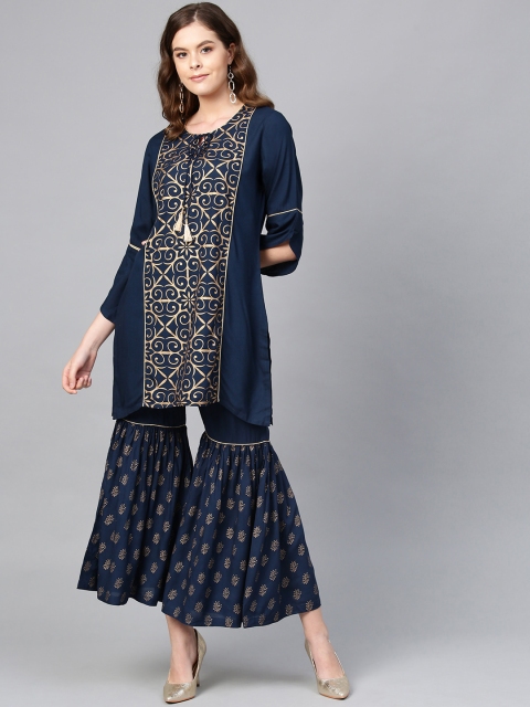 

Shree Women Teal Blue & Golden Printed Kurta with Sharara
