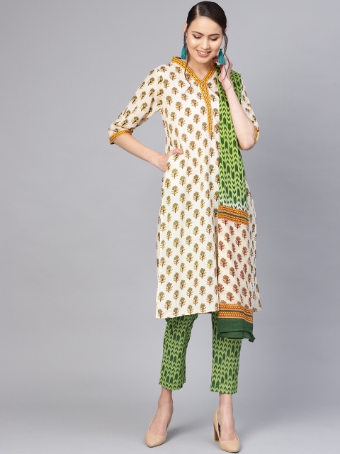 

Shree Women Off-White & Green Printed Kurta with Trousers & Dupatta