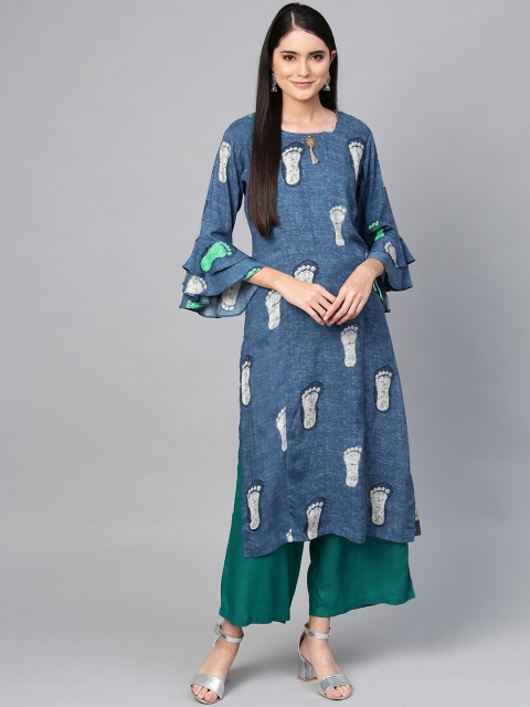 

Shree Women Navy Blue & Grey Quirky Printed Straight Kurta