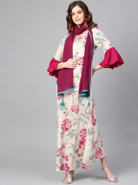

Shree Women Off-White & Pink Floral Print Maxi Dress with Stole