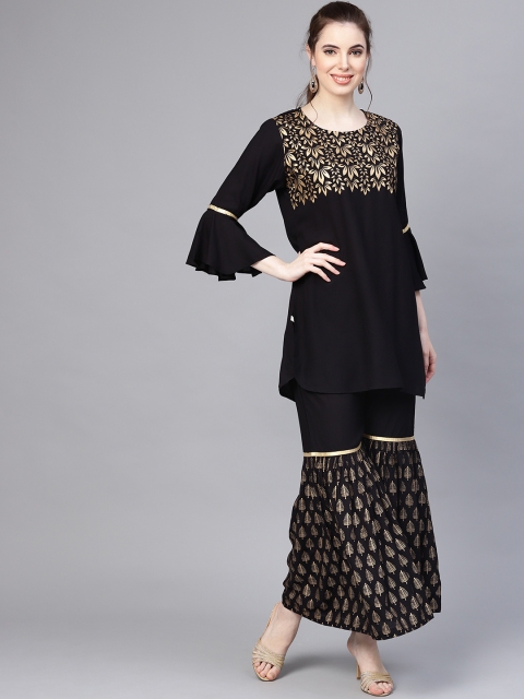 

Shree Women Black & Golden Block Print Yoke Design Kurti with Sharara