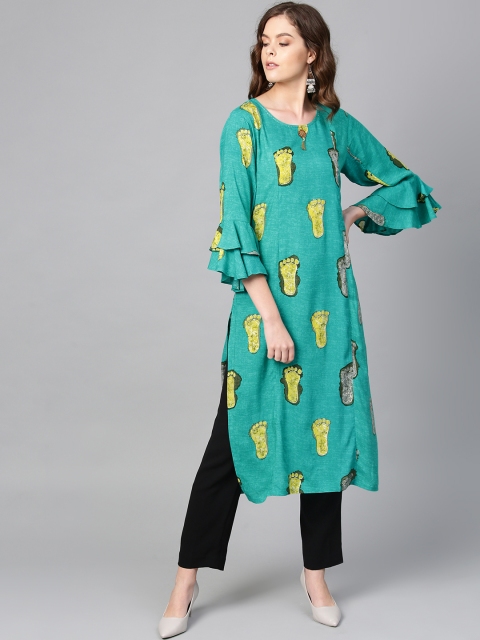 

Shree Women Teal Green & Mustard Yellow Foot Printed Straight Kurta