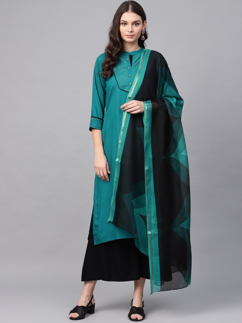 

Shree Women Teal Blue & Black Yoke Design Kurta with Palazzos & Dupatta