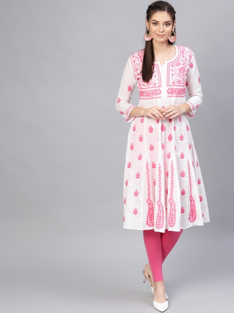 

Saadgi Women White & Pink Lucknowi Chikankari Handloom A-Line Kurta
