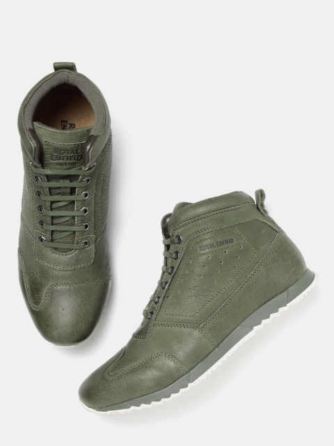 

Royal Enfield Men Olive Green Solid Leather Mid-Top Sneakers