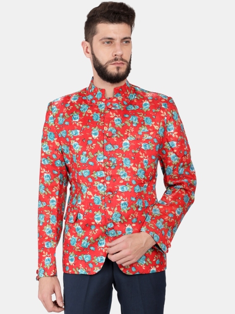 

Svanik Men Red & Blue Printed Bandhgala Slim-Fit Blazer