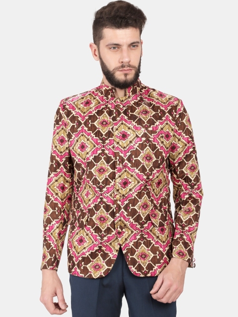 

Svanik Men Pink & Brown Printed Bandhgala Slim-Fit Blazer