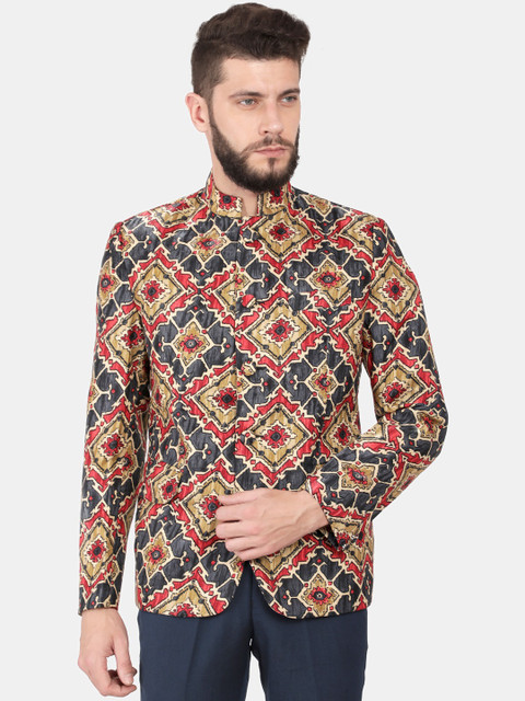 

Svanik Men Charcoal Grey & Beige Printed Slim-Fit Bandhgala