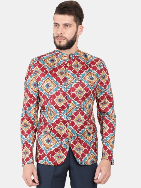 

Svanik Men Red & Blue Printed Bandhgala Slim-Fit Blazer