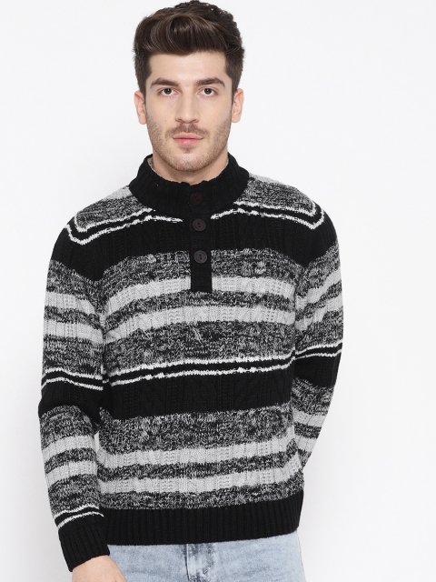 

Pierre Carlo Men Black & Grey Striped Cable Knit Sweater