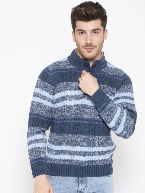 

Pierre Carlo Men Blue Striped Cable Knit Pullover