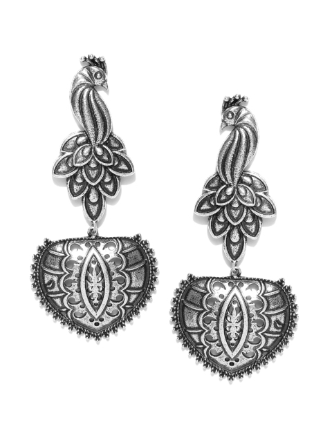 

Infuzze Oxidised Silver-Toned Peacock Shaped Drop Earrings