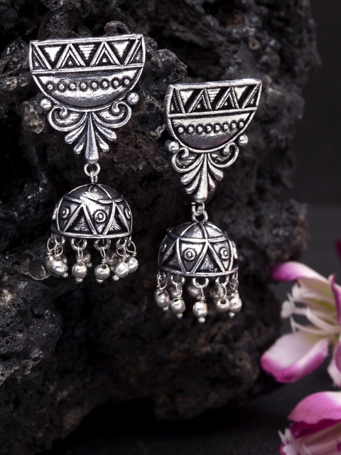 

Infuzze Oxidised Silver-Toned Brass-Plated Textured Dome Shaped Jhumkas