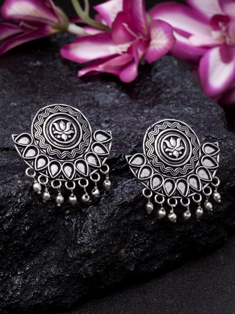 

Infuzze Oxidised Silver-Toned Brass-Plated Crescent Shaped Drop Earrings