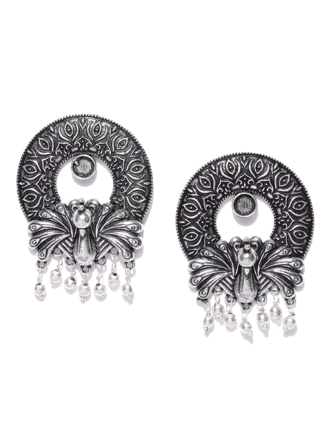 

Infuzze Oxidised Silver-Toned Brass-Plated Peacock Shaped Drop Earrings