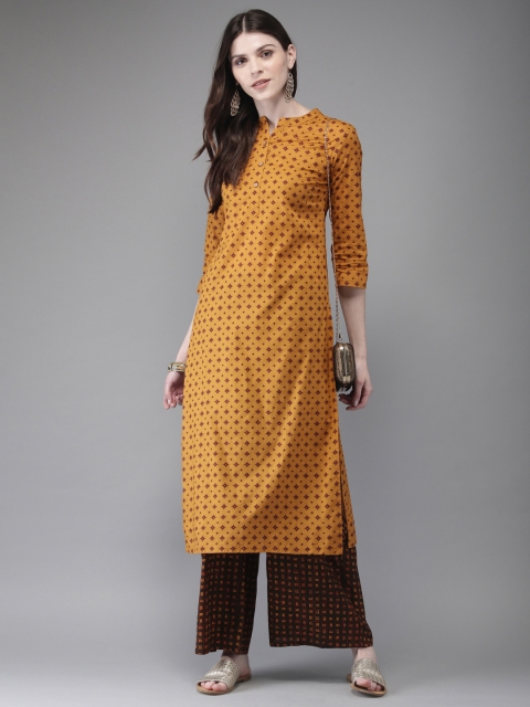 

Anouk Women Mustard & Brown Printed Kurta with Palazzos
