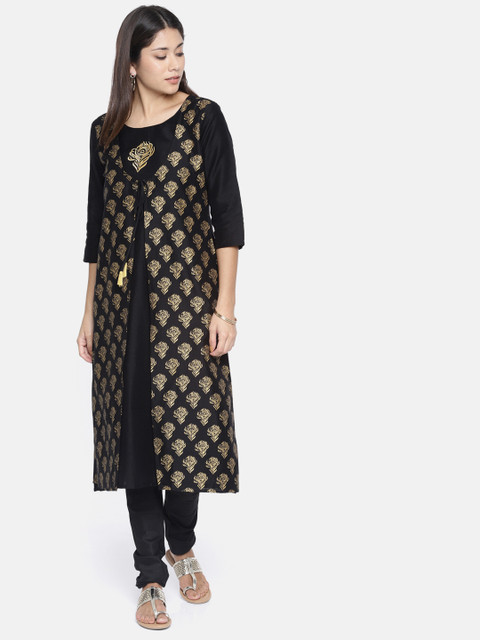 

Anouk Women Black & Gold-Toned Printed Layered A-Line Kurta with Churidar