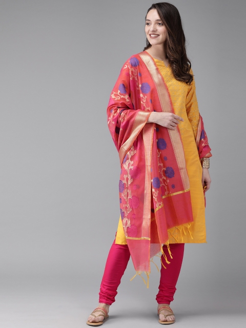 

Anouk Women Mustard Yellow & Pink Printed Kurta with Churidar & Dupatta