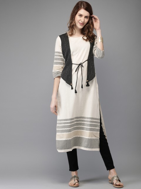 

Anouk Women Off-White & Black Printed Straight Layered Kurta