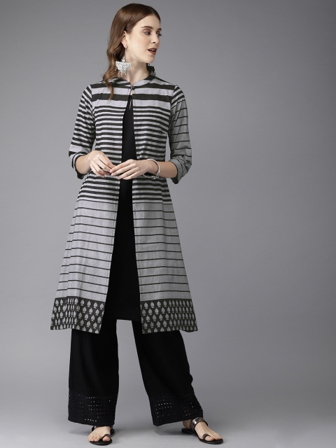 

Anouk Women Black & Grey Striped A-Line Kurta