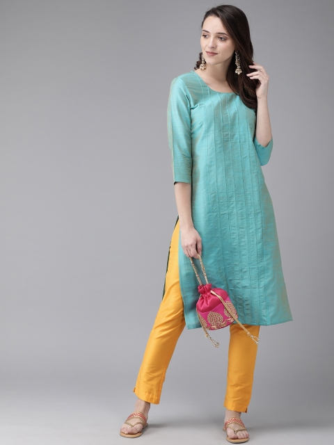 

Anouk Women Teal Blue & Mustard Yellow Solid Kurta with Trousers