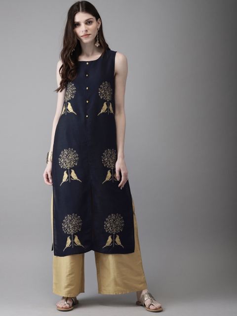 

Anouk Women Navy Blue & Beige Printed Straight Kurta with Palazzos