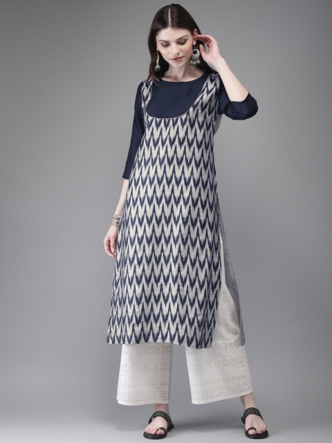 

Anouk Women Grey & Navy Blue Yoke Design Straight Kurta