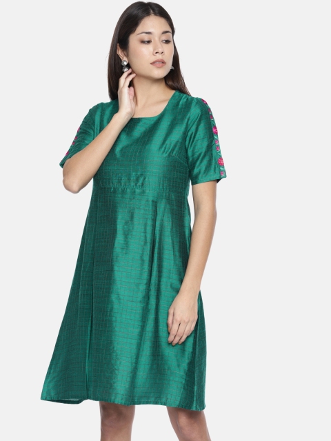 

Anouk Women Checked Green A-Line Dress