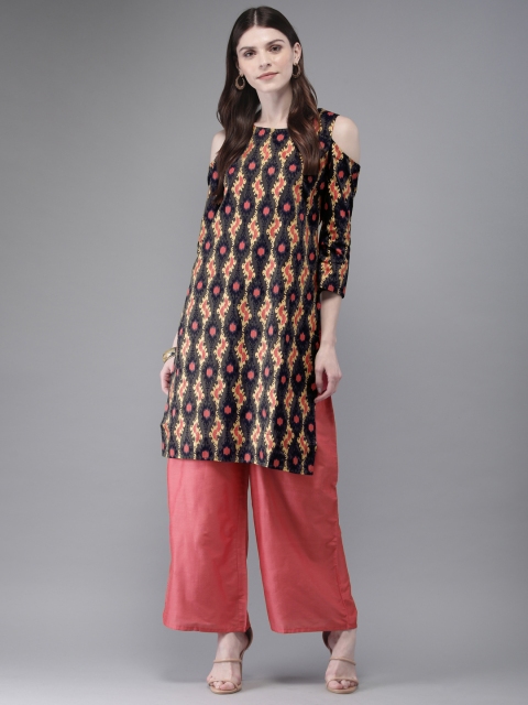

Anouk Women Charcoal & Pink Printed Kurta with Palazzos