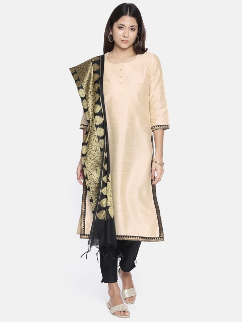 

Anouk Women Beige & Black Solid Kurta with Trousers & Dupatta