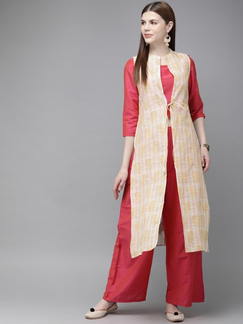 

Anouk Women Off-White & Coral Pink Printed Top with Palazzos