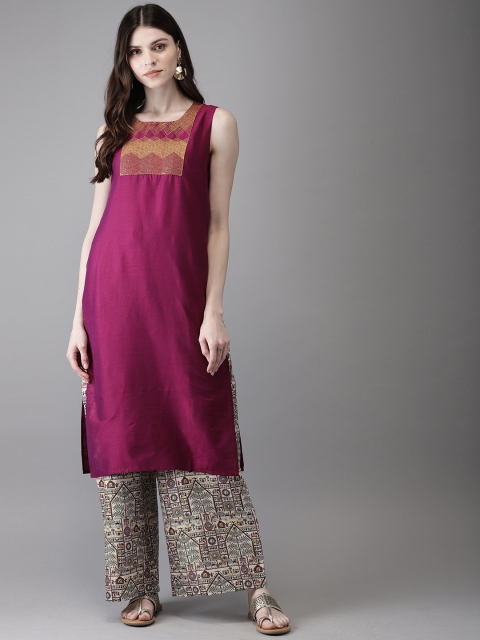 

Anouk Women Purple & Off-White Yoke Design Kurta with Palazzos