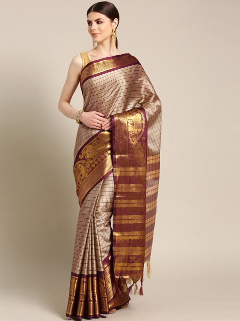 

Ishin Beige & Burgundy Checked Saree