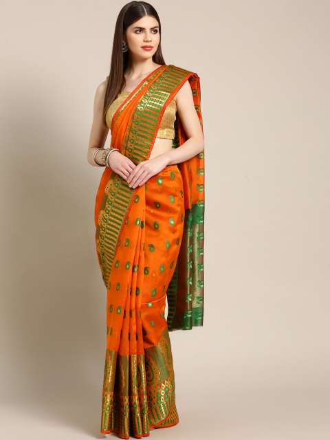 

Ishin Orange & Green Woven Design Saree
