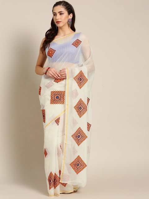 

Ishin Off-White & Orange Embroidered Saree