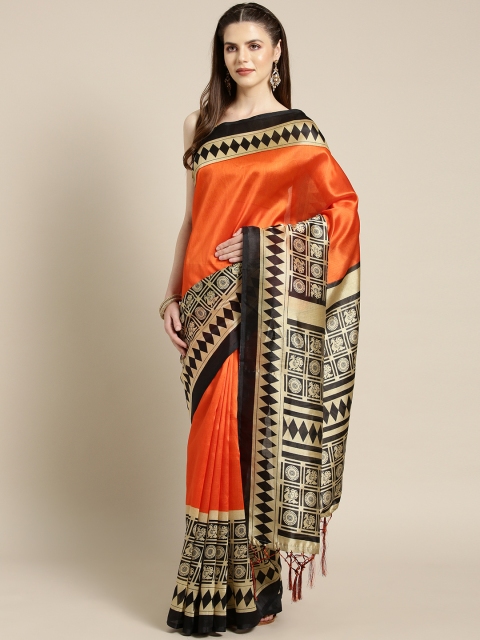 

Ishin Coral Orange & Beige Solid Saree with Printed Border