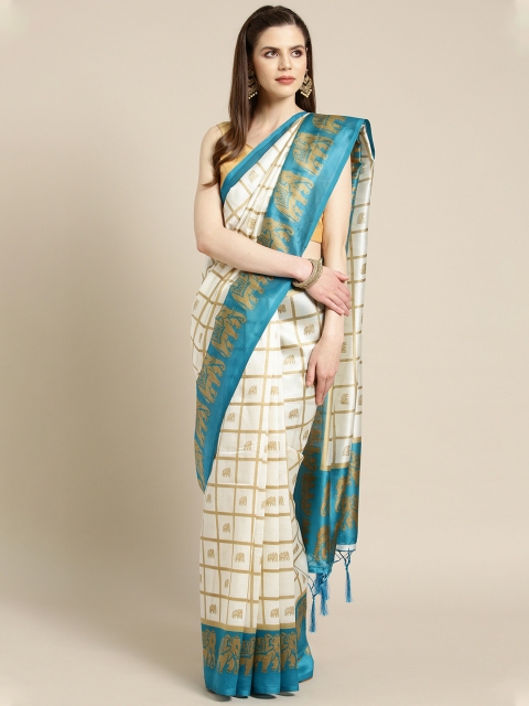 

Ishin Cream-Coloured & Golden Checked Saree