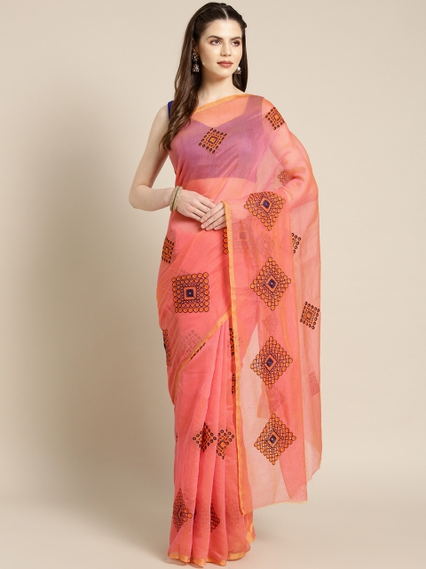 

Ishin Peach-Coloured & Navy Blue Embroidered Saree