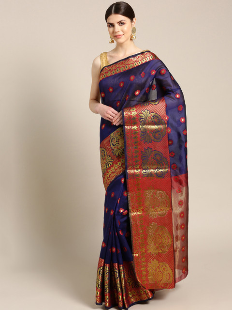 

Mitera Navy Blue & Red Woven Design Saree