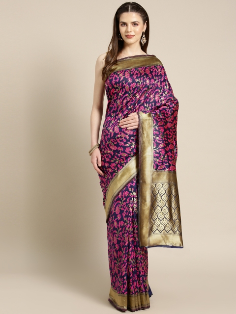 

Ishin Women Navy Blue & Pink Woven Design Banarasi Saree