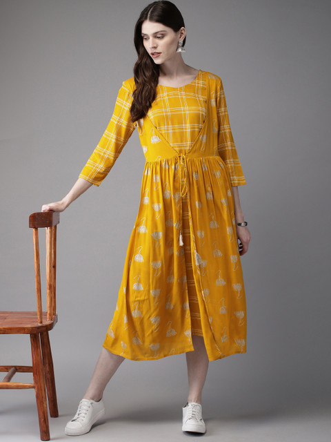 

Anouk Women Mustard Yellow & Silver-Toned Printed A-Line Layered Kurta